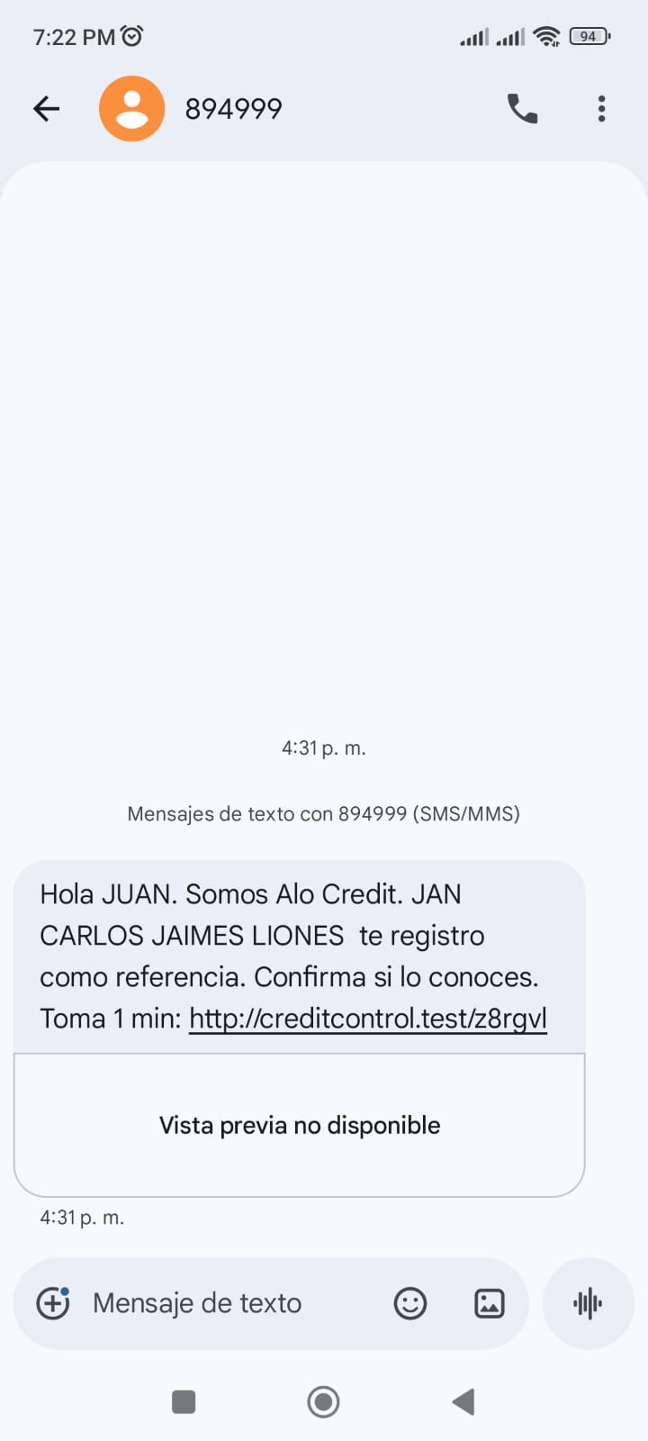 SMS de verificación recibido por el cliente